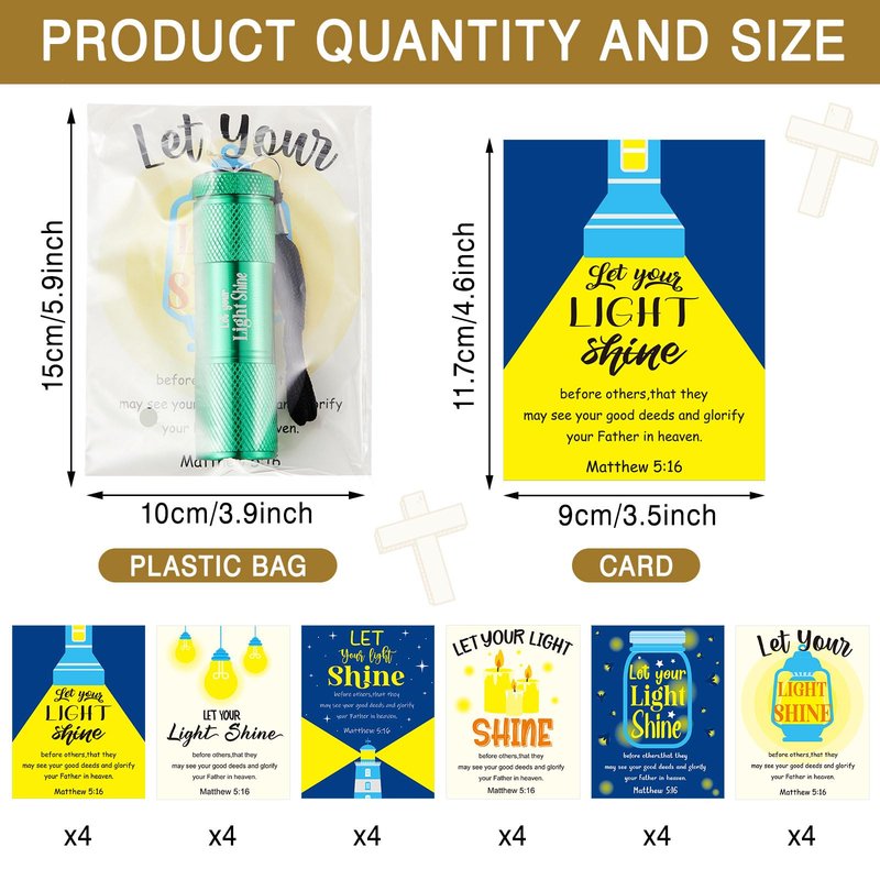 24 Set Christian Mini Flashlight Bulk Religious Gifts Let Your Light Shine Include 9-LED Flashlights Cards Packing Bag for Church Sunday School Party Favors,No Battery