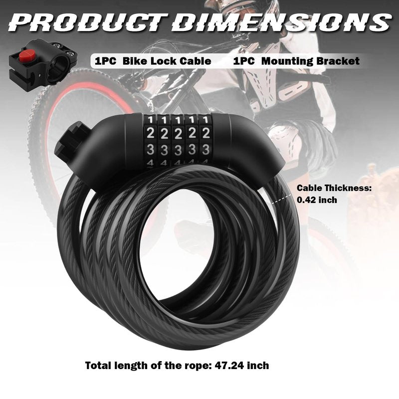 3.93 Ft Bike Locks Cable Anti-Theft,Resettable 5 Digit Bike Lock Combination Kit with Mounting Bracket,Anti-Cut Bikes Chain Lock Bikes Accessories for Bicycle,Scooter,E-Bike