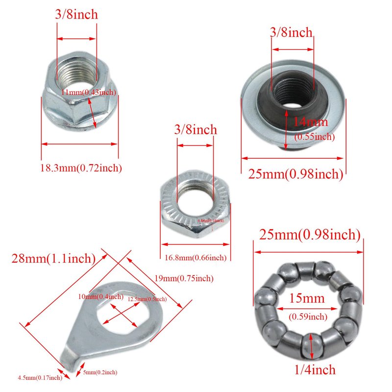 Meuey Lyot Silver 150mm /5.9 "Bicycle Multi-Speed Rear hub axle 1/4” X 7 Bicycle Ball Bearing Retainer 3/8" Bike axle 26tpi Hub Conical Lock nut Washer Kit 1Set
