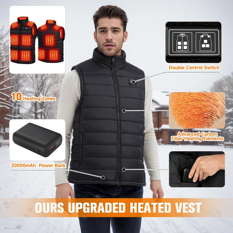 yeyeeyyee Heated Vest for Men with Battery Pack Included, Exclusive 10 Heating Zones Heated Vest, Lightweight Rechargeable, Perfect for Outdoor Activities Black L