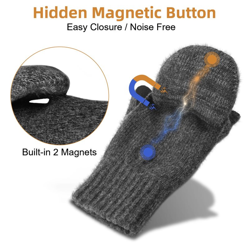 BERGWEISER Flip Winter Gloves, Wool Fingerless Gloves for Women Men Cold Weather, Mittens with Reflective & Magnetic Button Closure for Christmas Gifts