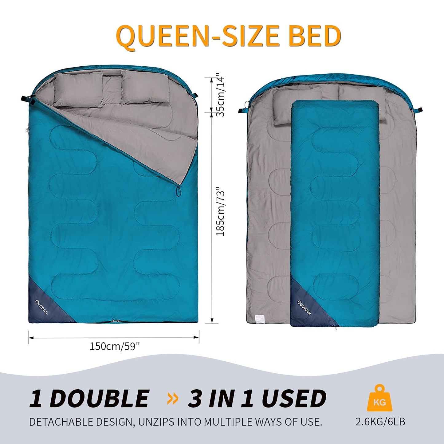 OUSUTLE Double Sleeping Bag for Adults, 2 Person Sleeping Bag with 2 Pillows for Backpacking Camping Hiking, Queen Size Cold Weather Sleeping Bag for Couples & Family Traveling