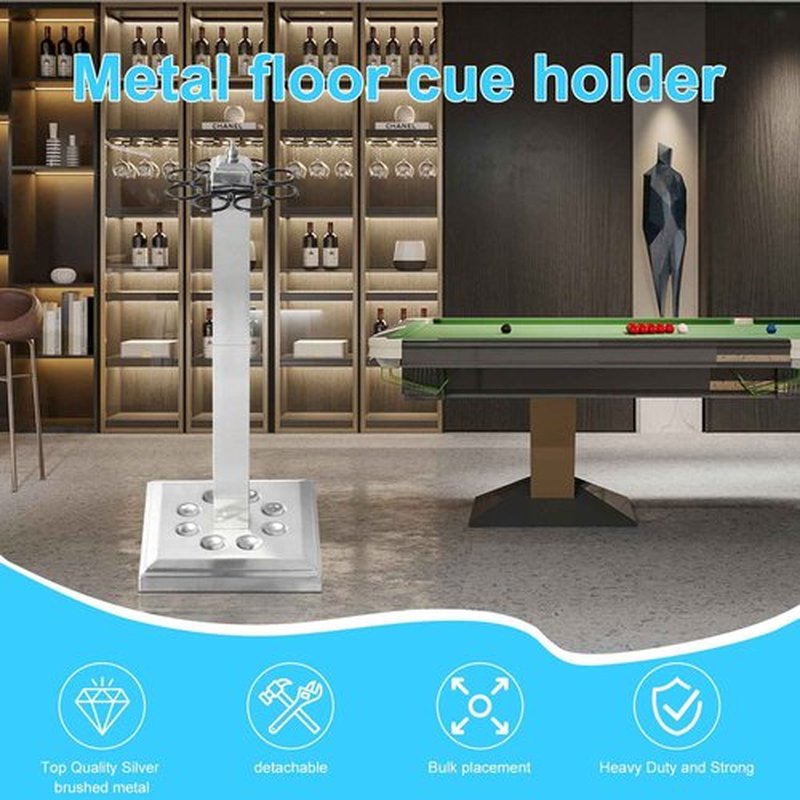 CROWN ME Pool Stick Holder Billiard Cue Rack Holds 8 Sticks Floor Stand metal billiard cue rack, pool cue holder-Finish Silver