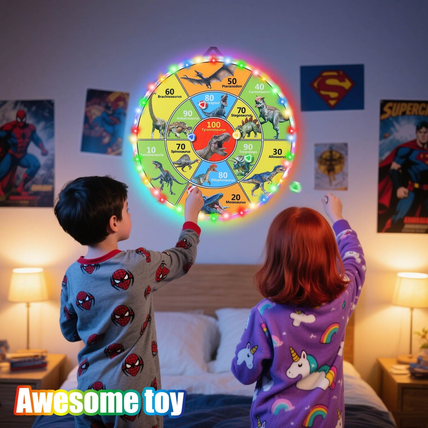 30 Inch LED Dart Board Kids Game,12PCS Sticky Balls,Indoor/Outdoor Sports Carnival Games Yard Party, Suitable for 3 4 5 6 7 8 9 10 Years Old Boys and Girls Birthday Gifts Dinosaur Toys