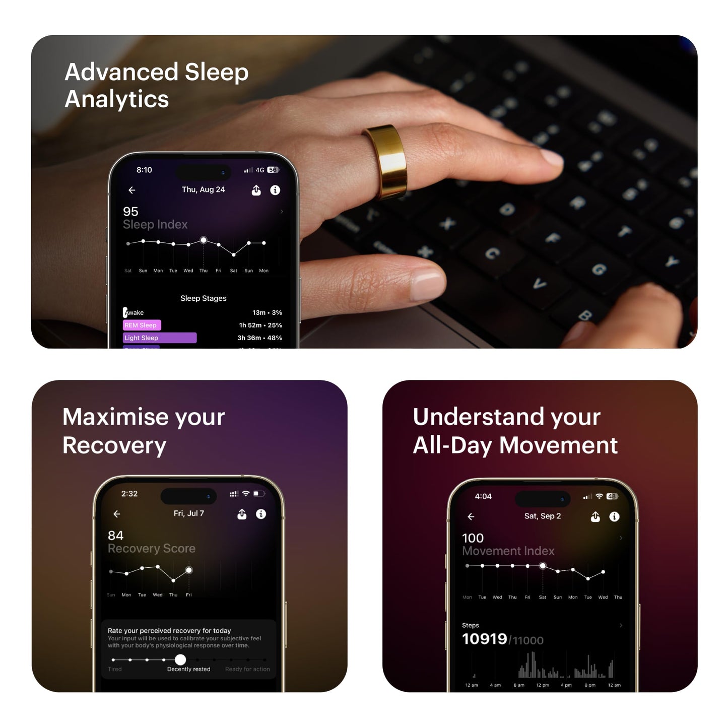 Ultrahuman Ring AIR- Sleep-Tracking, Movement & Recovery,HRV, 6 Days Battery Life with Lifetime Free Subscription (Aster Black, 6)