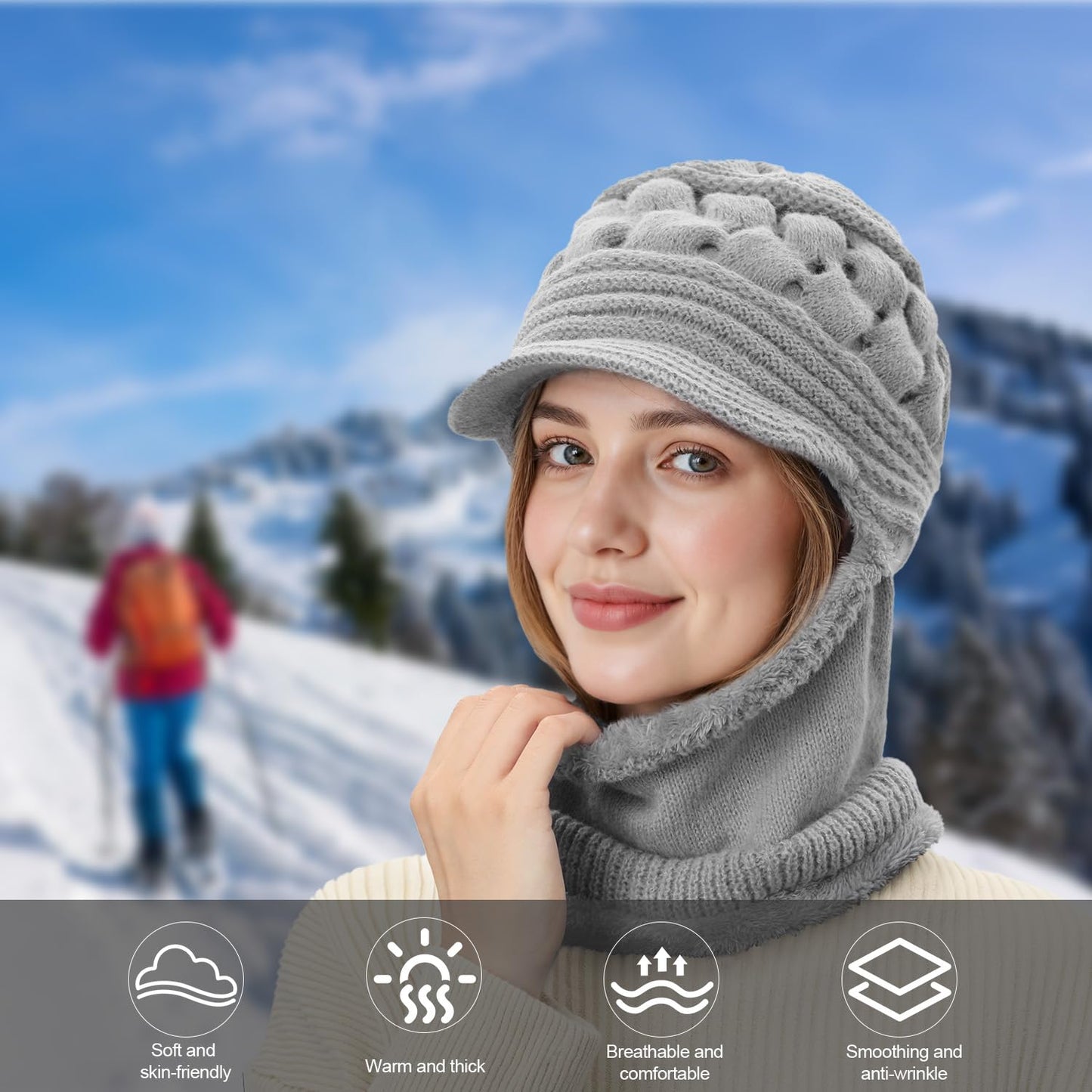 Womens Winter Beanie Hats, Winter Scarf Mask Set for Women One Piece Slouchy Beanie Hats with Visor Brim Fleece Lined, Wine Red 2025