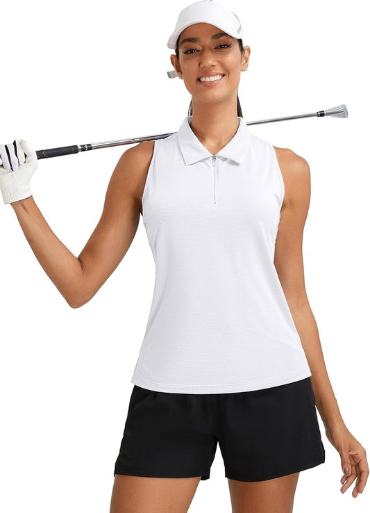 Womens Golf Polo Shirt - Sleeveless 1/4 Zip Tennis Tank Top | UPF 50+ Quick Dry White