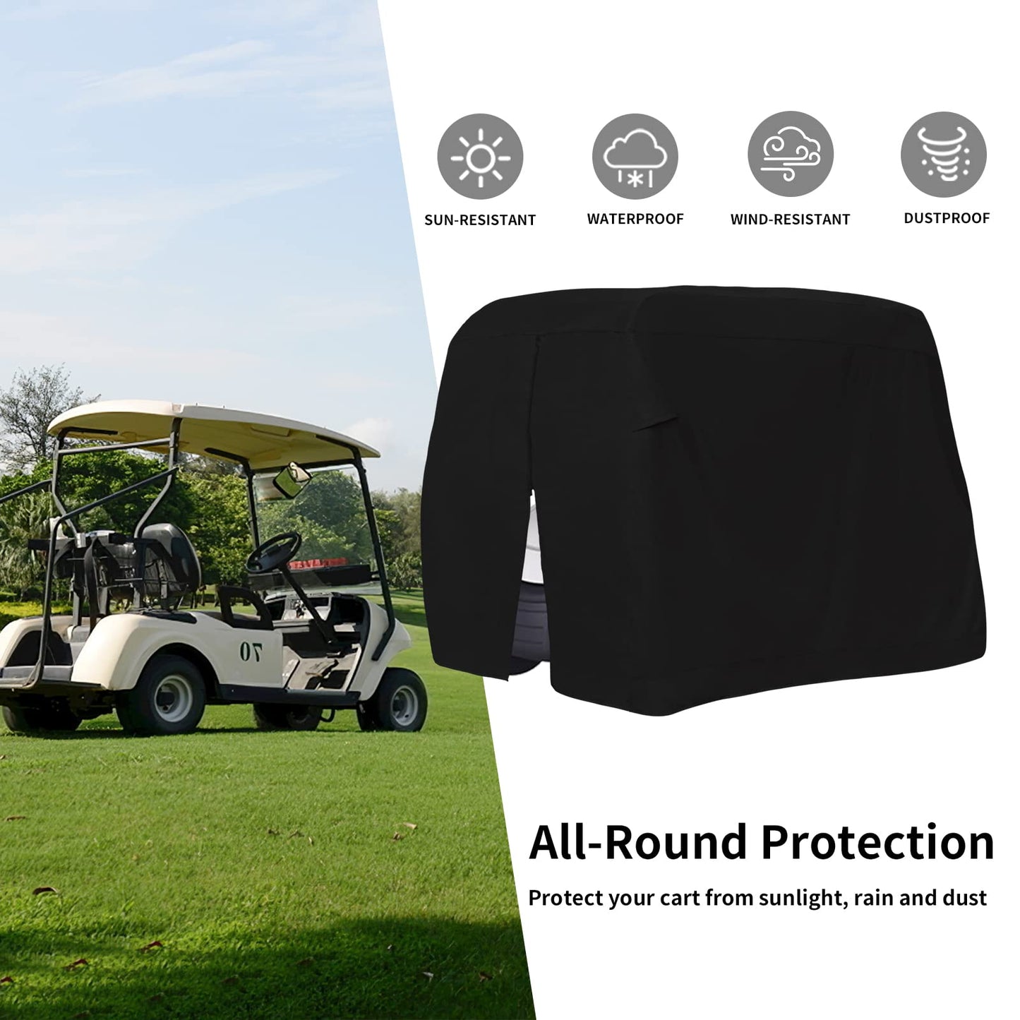 Easy-Going Golf Cart Cover Fit for Most Brand 2 Passenger Golf Cart Golf Cart, Waterproof Golf Cart Cover with Zipper Closure (95" L x 48" W x 66" H, Black)