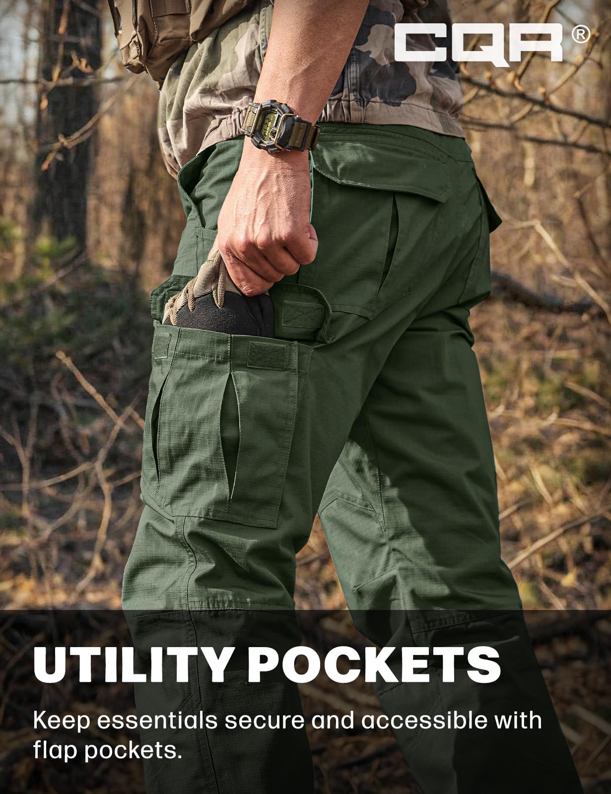 CQR Men's Tactical Pants, Water Resistant Ripstop Cargo Pants, Lightweight EDC Work Hiking Pants, Outdoor Apparel, Raider Green Kelp, 42W x 30L