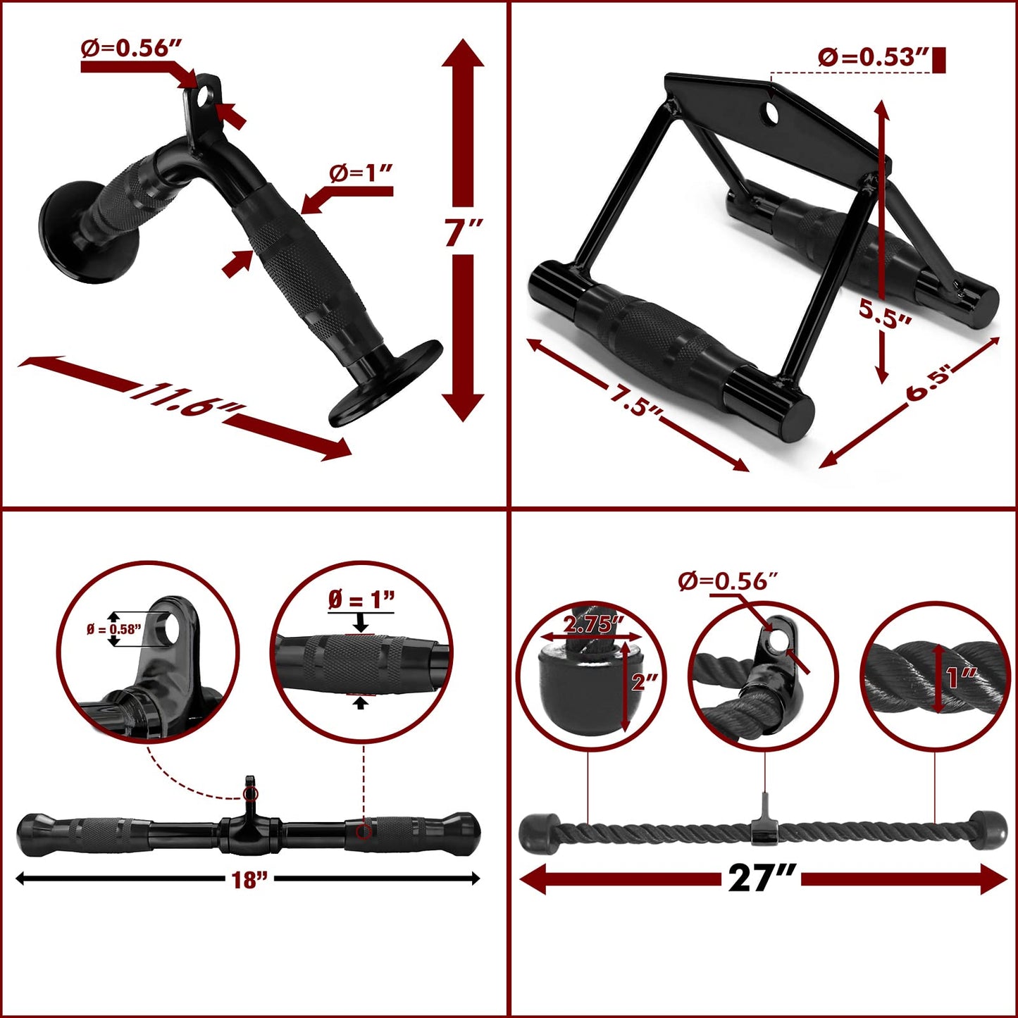 A2ZCARE Combo Rubber Grip Cable Attachments for Gym, Cable Machine Accessories, LAT Pull Down Attachment (C. Black - Combo Rubber Handgrip: V-Handle, V-Bar, Rotating Bar, Tricep Rope and 2 Snap Hook)