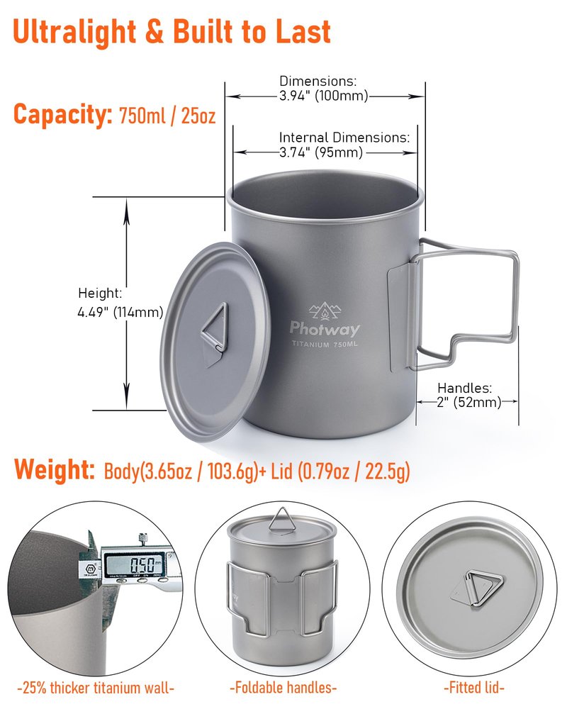 photway 25oz (750ml) Titanium Camping Pot, Ultralight Backpacking Cookware & Campfire Mug for Hiking, Bushcraft & Outdoor Cooking