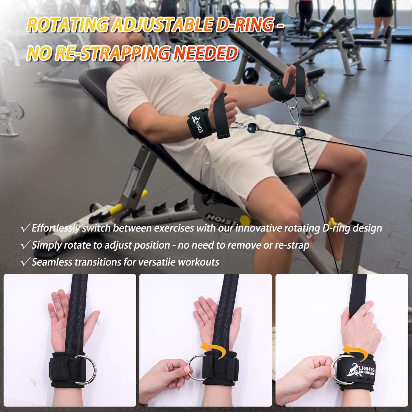 Lights Mountain Adjustable Wrist Cuffs Weight Lifting Straps with Sliding D-Ring – Heavy Duty Gym Attachments for Cable Machines, Pull Downs, Triceps & Biceps Training