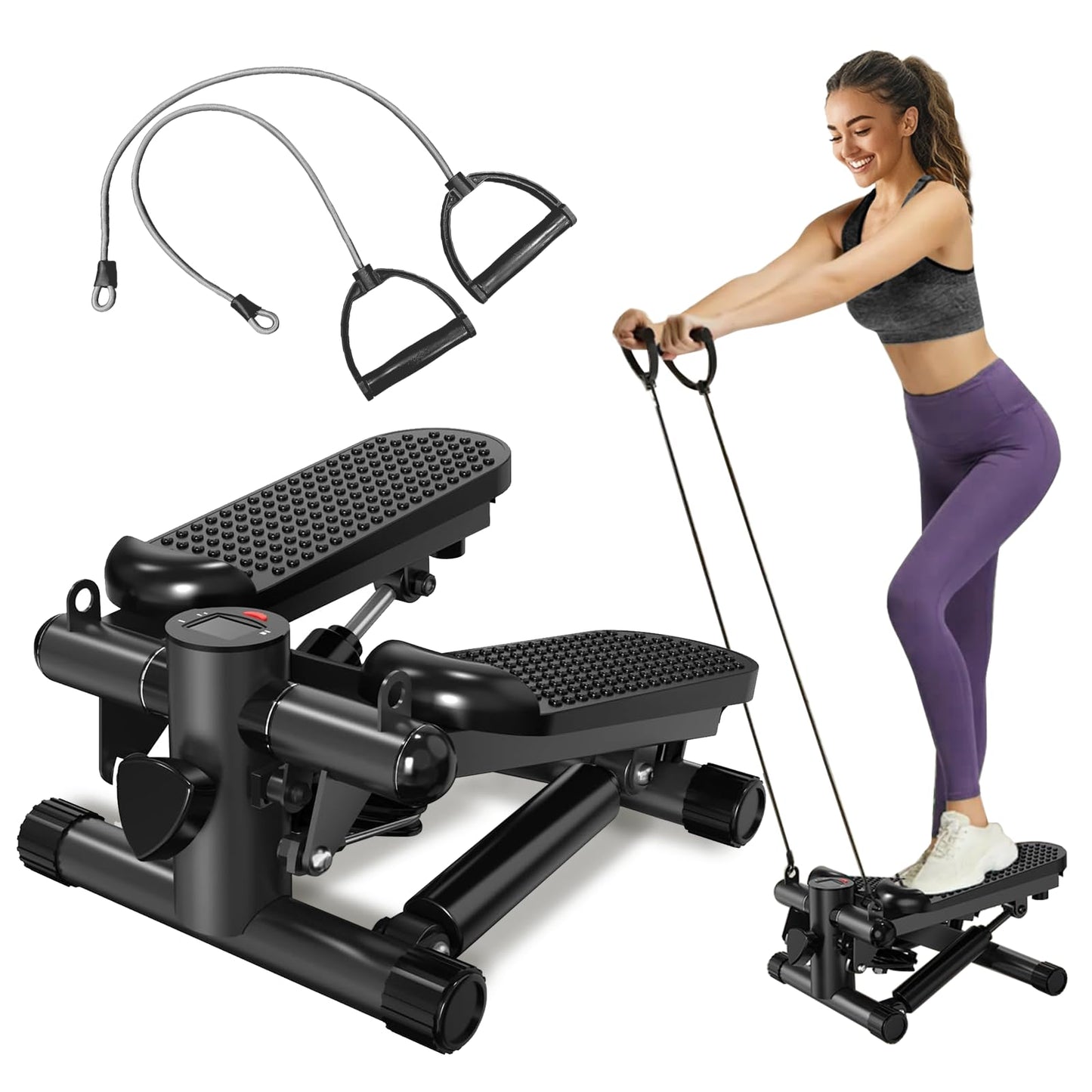 NAYSAYE Stepper for Exercise, Mini Stair Stair Stepper with 300LBS Loading Capacity, Fitness Stepper with LED Smart Display and Resistance Bands for Home Apartment Black