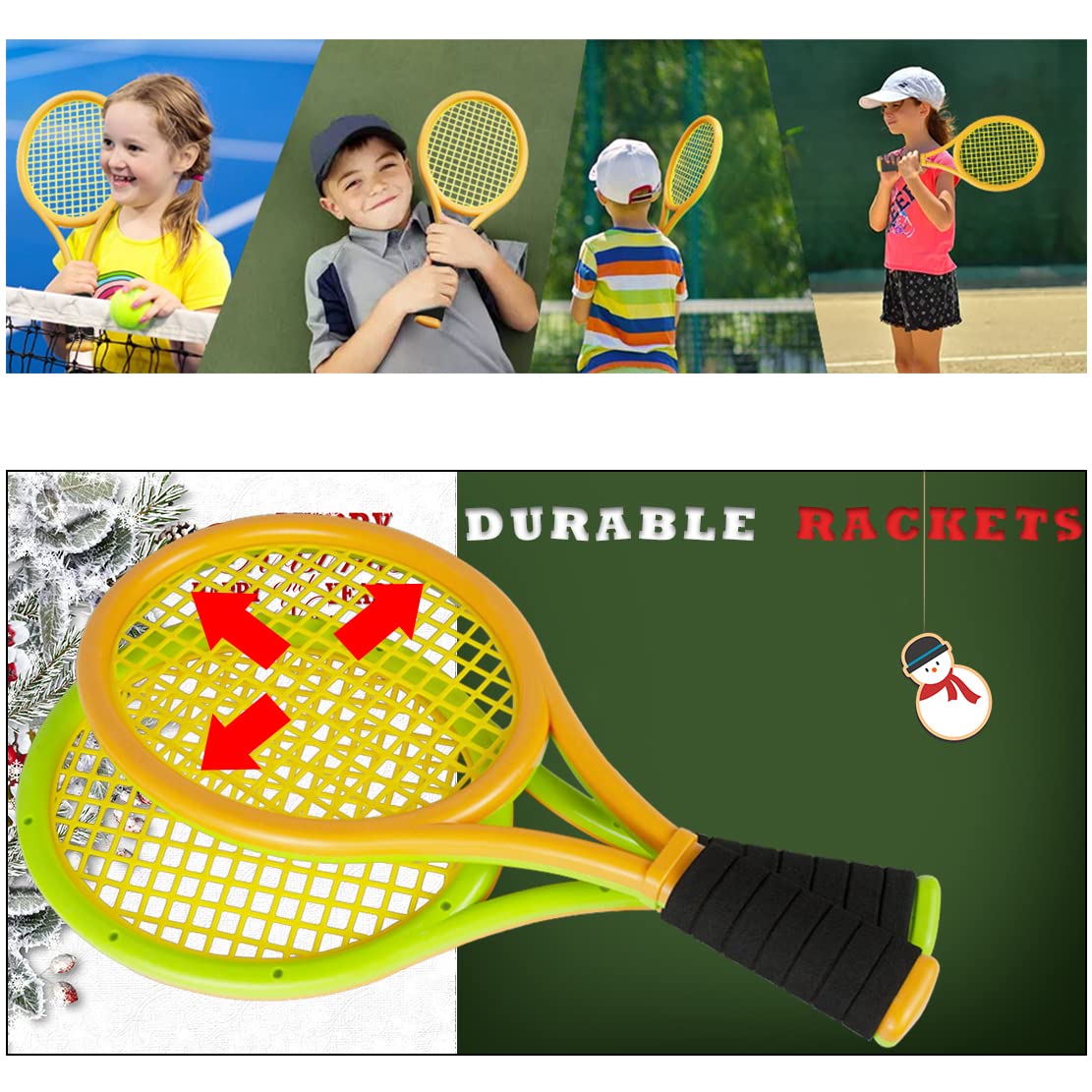 Kids Tennis Rackets with Carrying Bag,Soft Training Balls and Badminton Birdies,12 in 1 Tennis Racquets Gift Set for Children Outdoor Indoor Sports (Green+Yellow,Plastic,17inch)