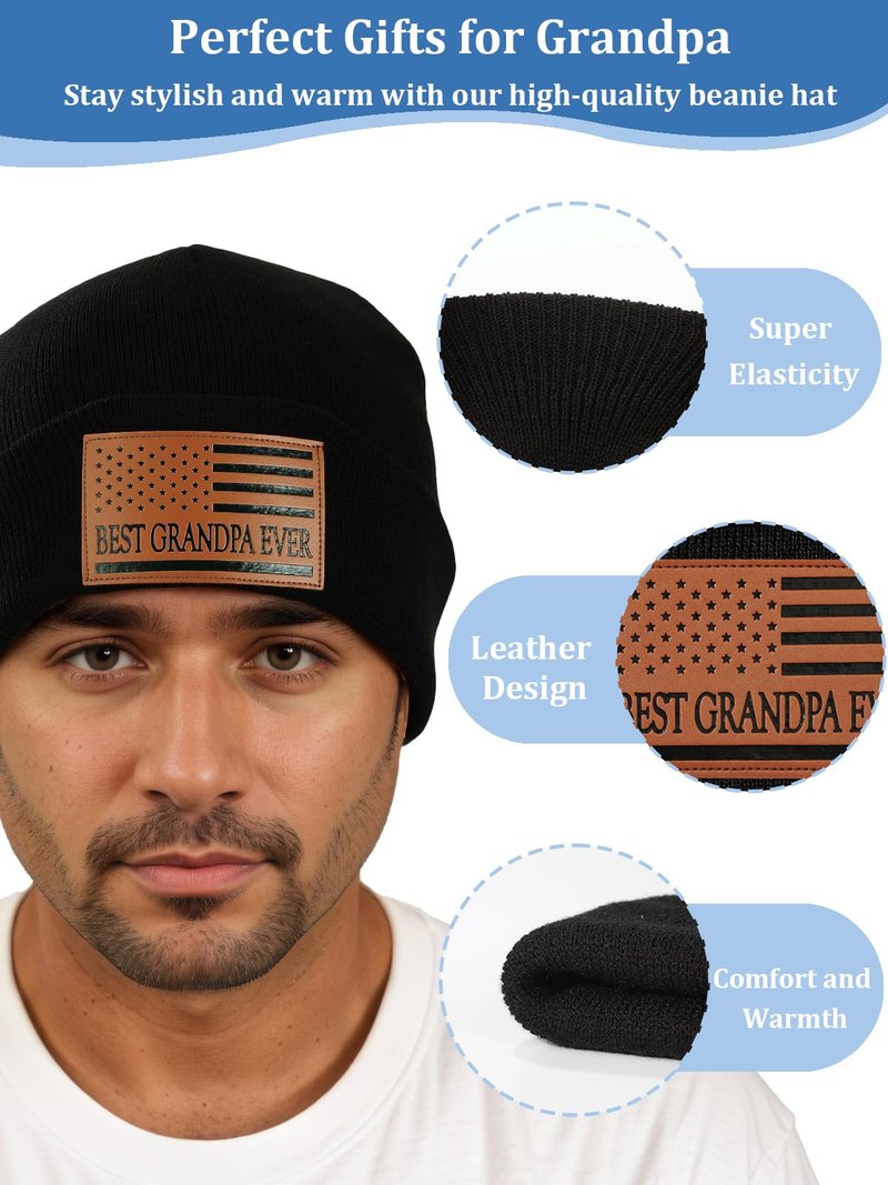 Grandpa Papa Gifts Best Grandpa Ever American Flag Leather Beanie Hat for Grandfather Him from Son Daughter Grandkids Funny Christmas Stocking Stuffers Birthday Gifts Ideas Stuff Accessories Black