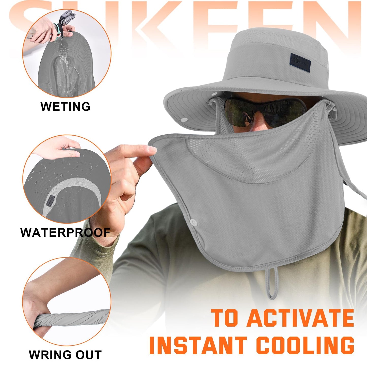 Sukeen Fishing Hat for Men Women, Wide Brim Outdoor UPF 50+ Sun Protection with Detachable Neck Flap and Face Mask (Grey)