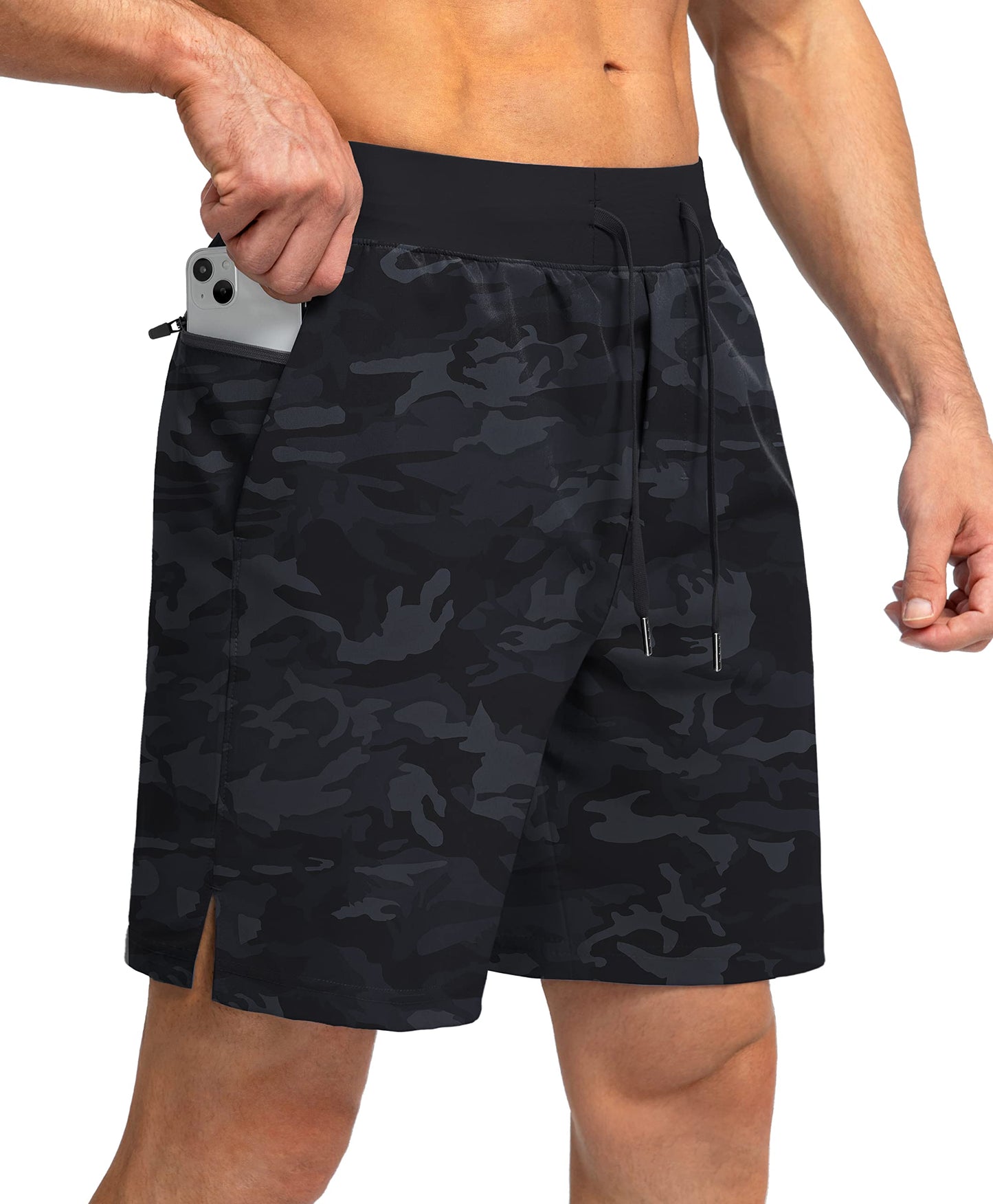 Soothfeel Men's Running Shorts with Zipper Pockets 7 Inch Lightweight Quick Dry Gym Athletic Workout Shorts for Men (Grey Camo, XXL)