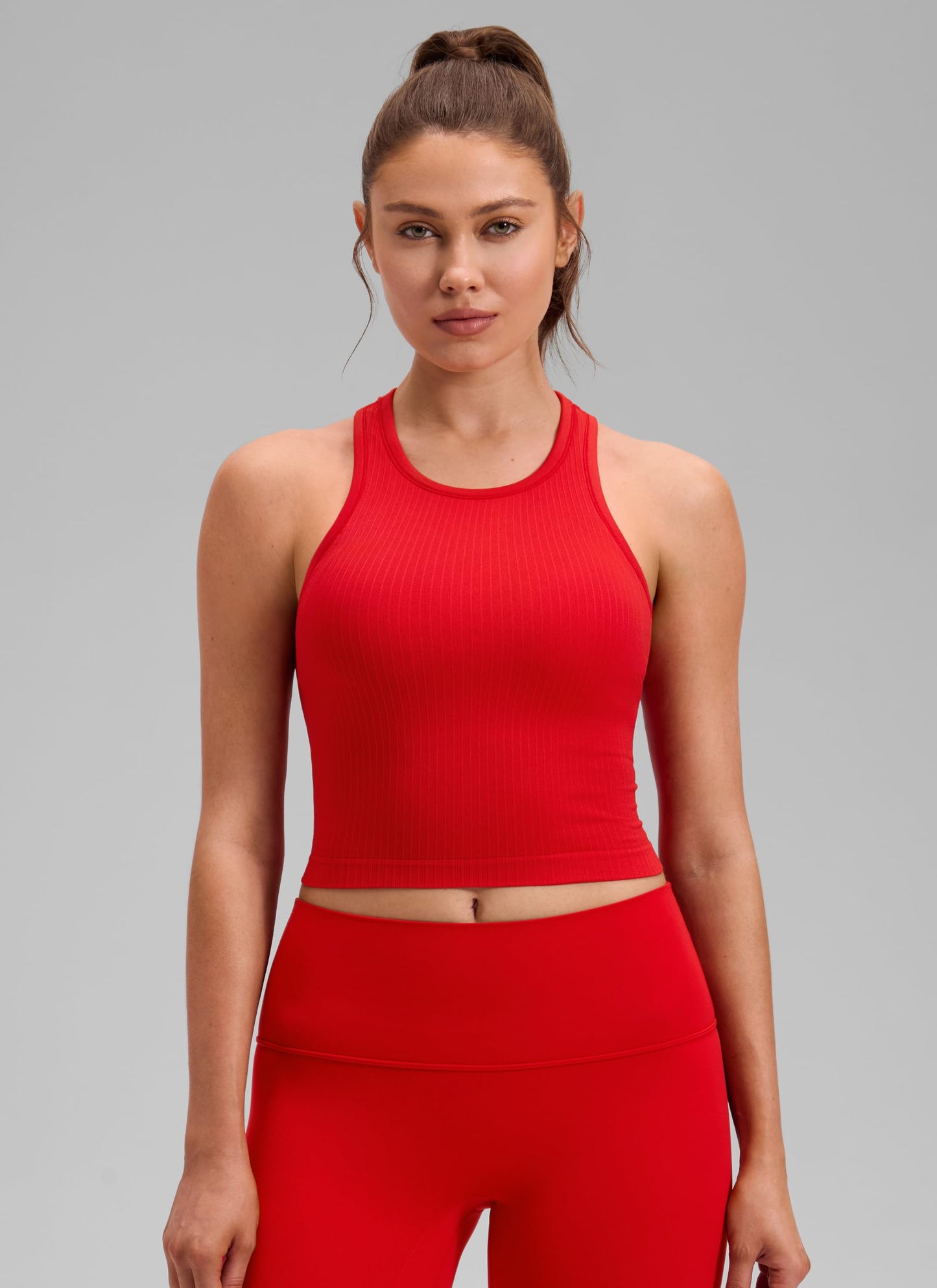 CRZ YOGA Seamless Ribbed High Neck Crop Tank Tops for Women - Longline Racerback Padded Sports Bras Deep Red Small
