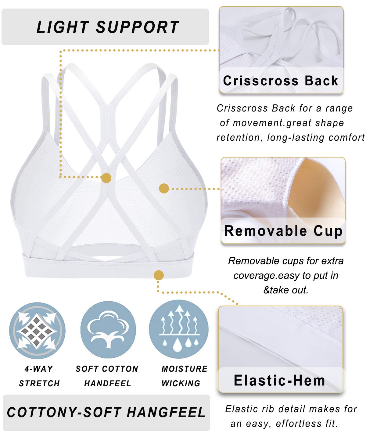 RUNNING GIRL Strappy Sports Bra for Women Sexy Crisscross Back Light Support Yoga Bra with Removable Cups White