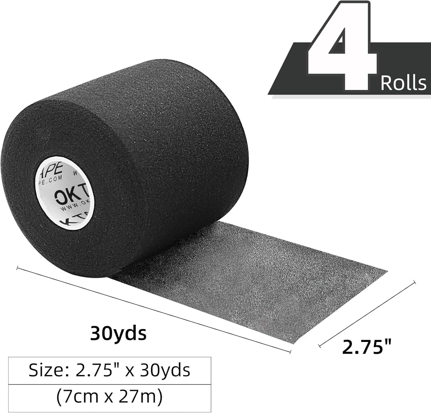 Pre Wrap Tape - Athletic Foam Underwrap for Sports | 4 Rolls, 120 Yards, 2.75 Inches - Black