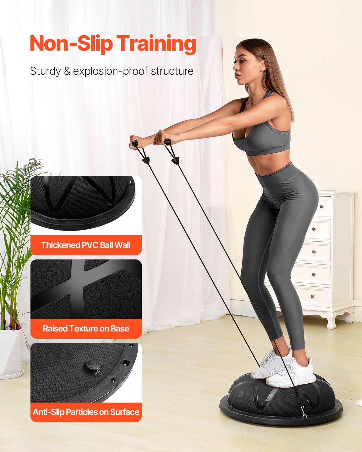 VEVOR 23-inch Half Exercise Ball Trainer, 660 lbs Capacity Balance Ball, Includes Resistance Bands and Pump, Ideal for Full Body Workouts, Yoga, and Strength Training at Home Gym, Black