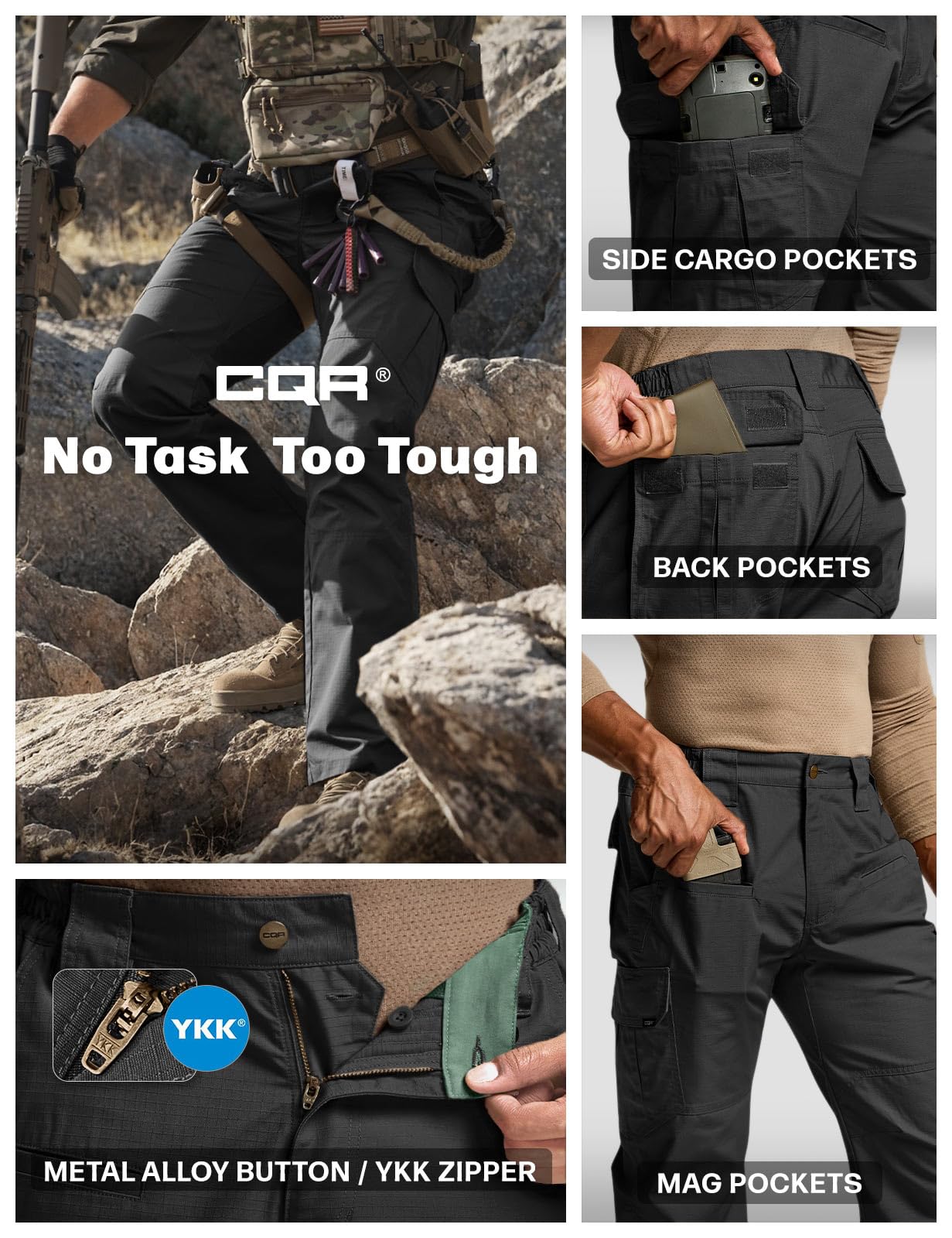 CQR Men's Tactical Pants, Water Resistant Ripstop Cargo Pants, Lightweight EDC Work Hiking Pants, Outdoor Apparel, Raider Black, 30W x 32L