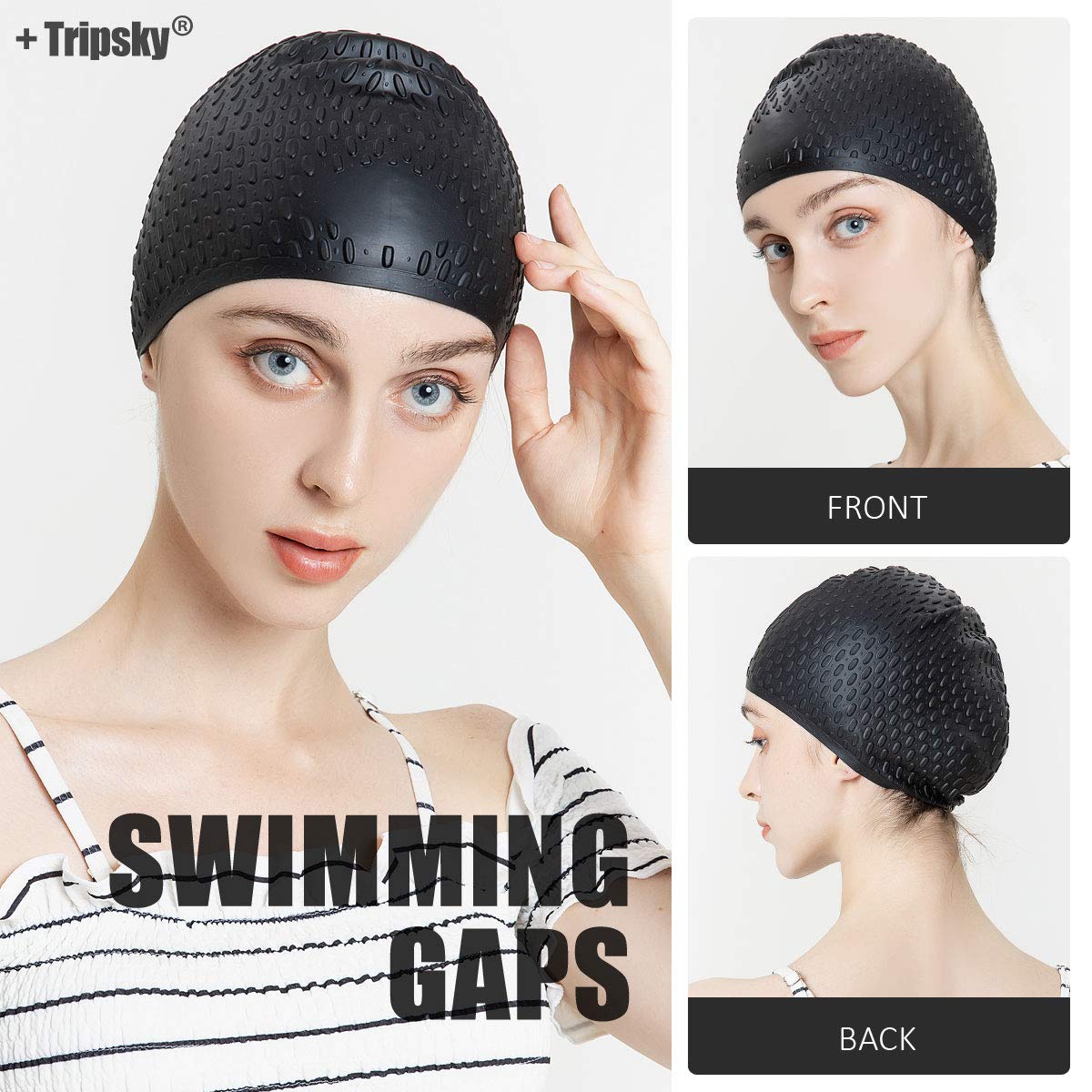 Tripsky Silicone Swim Cap,Comfortable Bathing Cap Ideal for Curly Short Medium Long Hair, Swimming Cap for Women and Men, Shower Caps Keep Hairstyle Unchanged (Black)