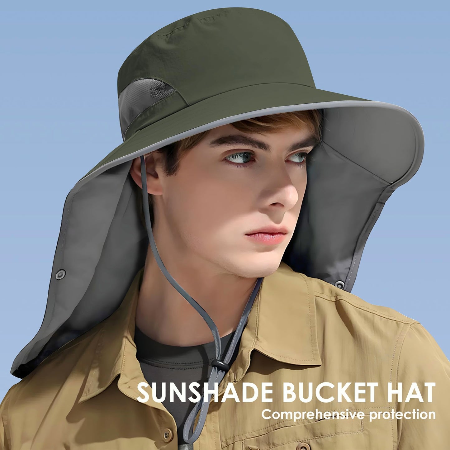 Outdoor Sun Hat Detachable Neck Face Flap UPF 50+UV Protection Visor Fishing Hats with Neck Flap for Men & Women Green