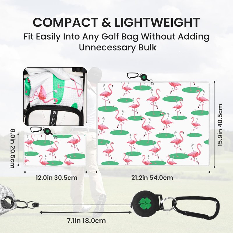 Golf Towels for Golf Bags Value 2 Pack 21"x16" and 12"x8" Set with Strong Magnetic Retractable Carabiner, Microfiber Waffle Towel Pattern Lightweight Absorbent Gift for Women Ladies (Flamingo&White)