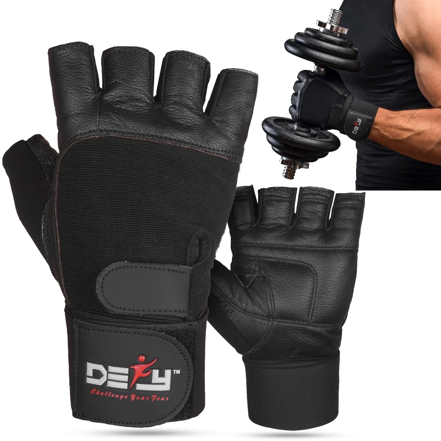 DEFY Padded Weight Lifting Gloves with 13" Long Wrist Wrap Genuine Leather Gym Gloves for Power Lifting, Cross Training, Workout Black (Medium)