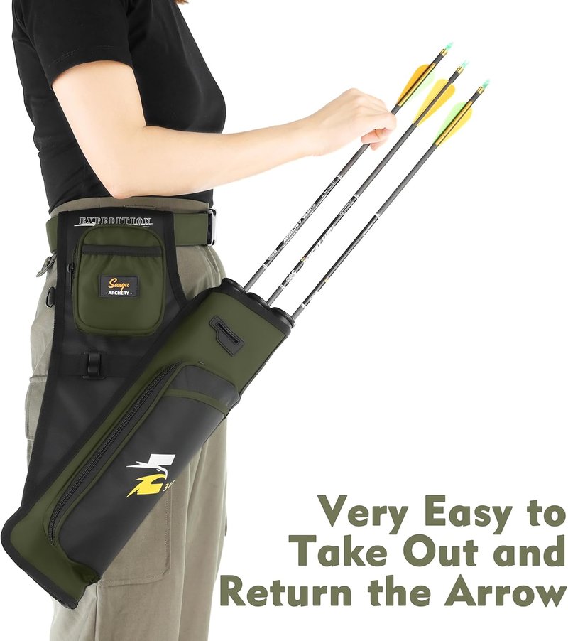 Archery Hip Quiver for Arrows - 3 Tubes Holder with Pockets & Waist Belt | Fits Compound & Recurve Bows