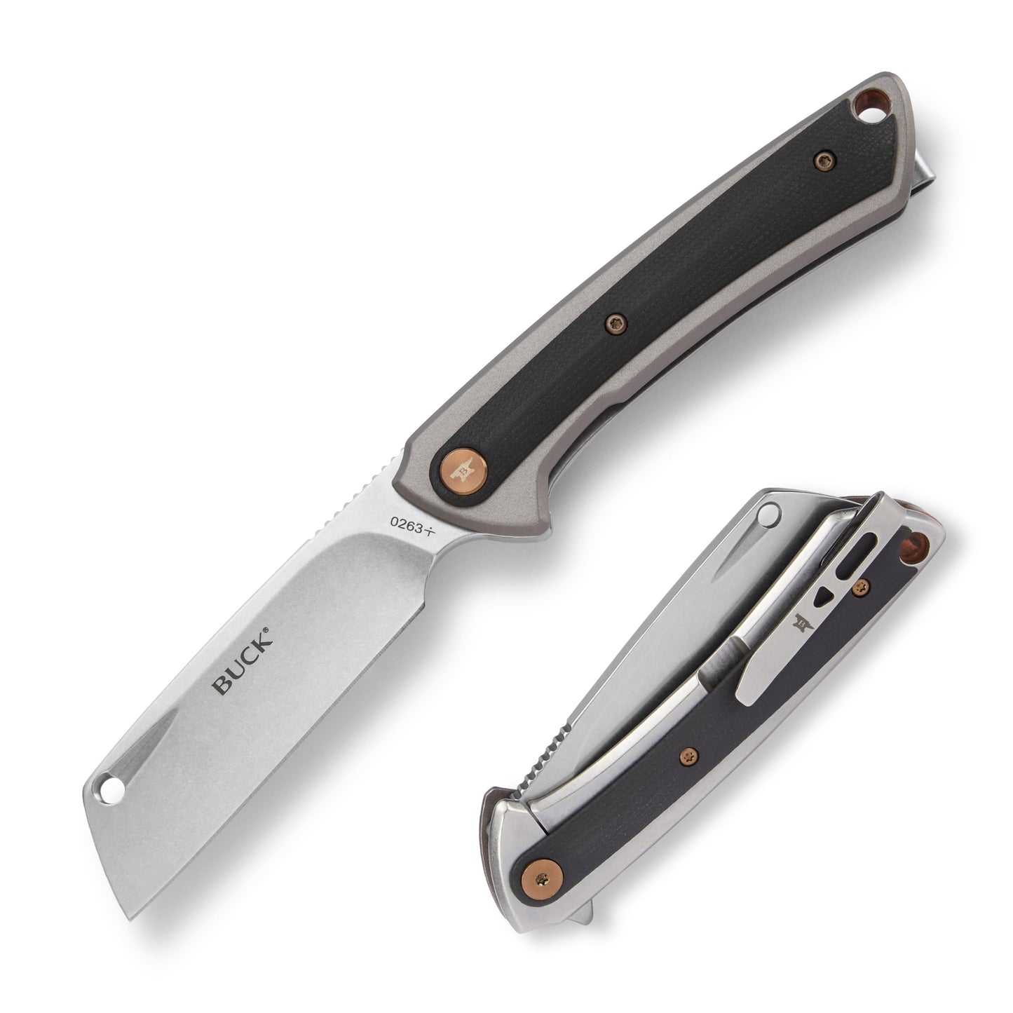 Buck Knives 263 HiLine Folding EDC Knife, 3.22” Pocket Knife Cleaver Blade, Aluminum Handle, D2 Steel Cleaver Folding Blade, Gray/Black, 3.88 oz