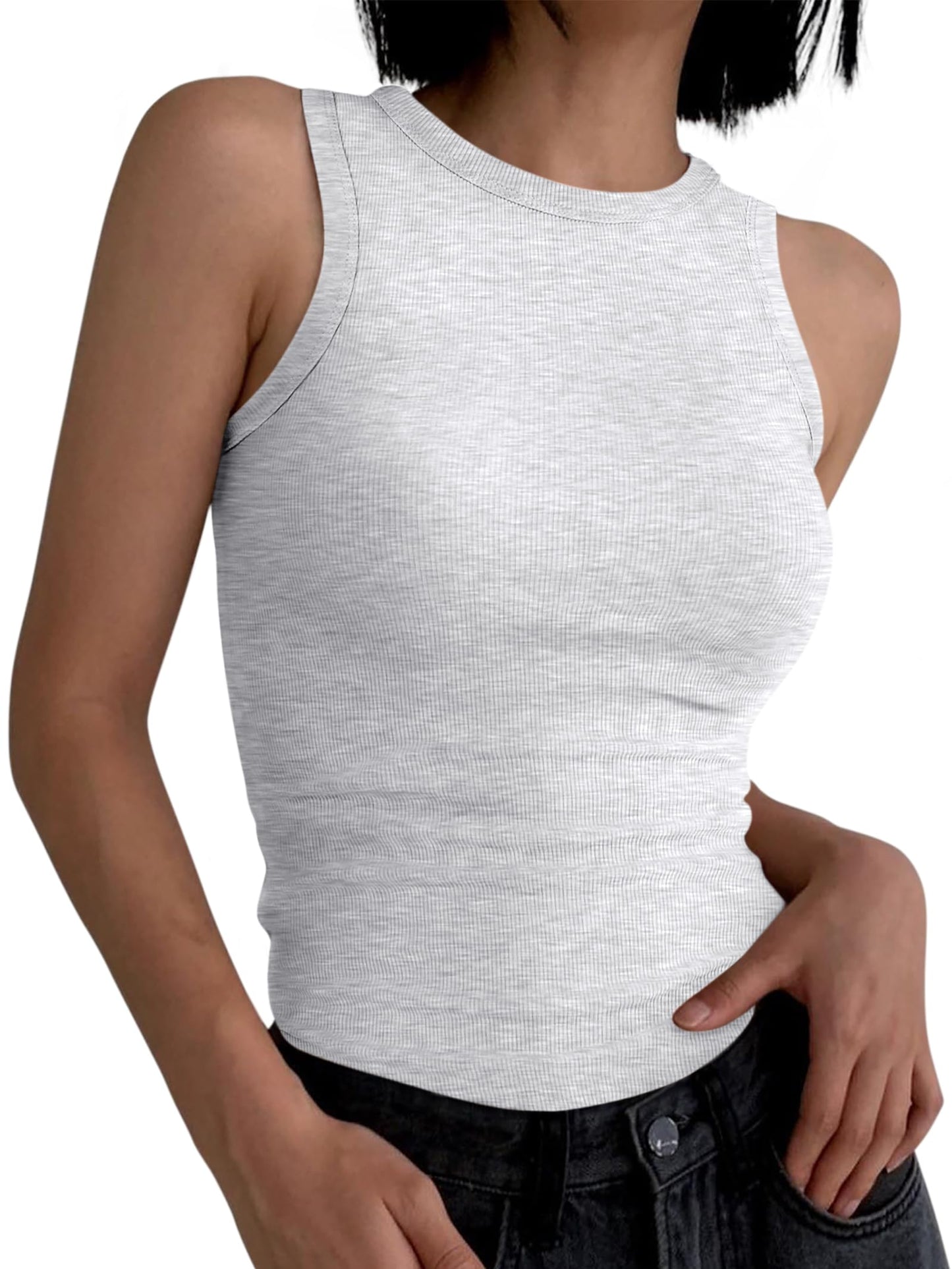 ANRABESS Womens Sleeveless High Neck Tank Tops Fashion Summer Casual Basic Slim Fit Ribbed Racerback Top Shirt Clothes Light Gray XX-Large