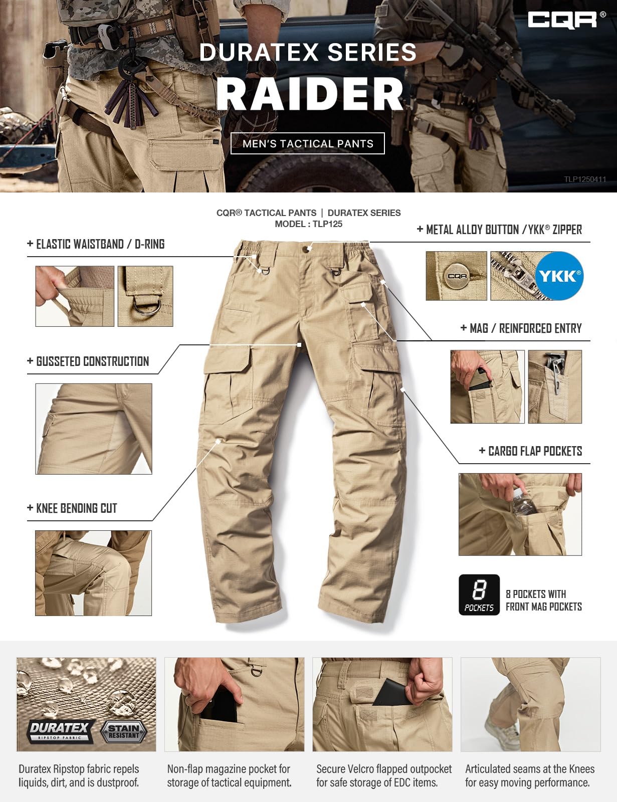 CQR Men's Tactical Pants, Water Resistant Ripstop Cargo Pants, Lightweight EDC Work Hiking Pants, Outdoor Apparel, Duratex Mag Pocket Khaki, 42W x 32L