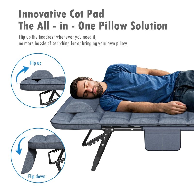 ATORPOK Folding Camping Cot for Adults with Padded Mattress and Pillow, Adjustable Reclining Lounger Sleeping Cot Bed, Ideal for Camping, Travel, Garden, or Office Use, Blue