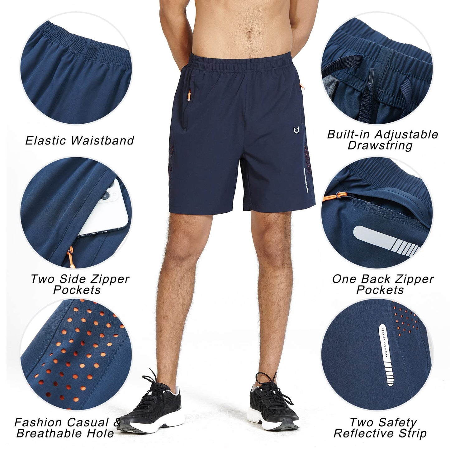NORTHYARD Men's Athletic Running Shorts Gym Workout 7"/9"/5" Quick Dry Lightweight Sports Basketball Tennis 3 Zipper Pockets Navy M