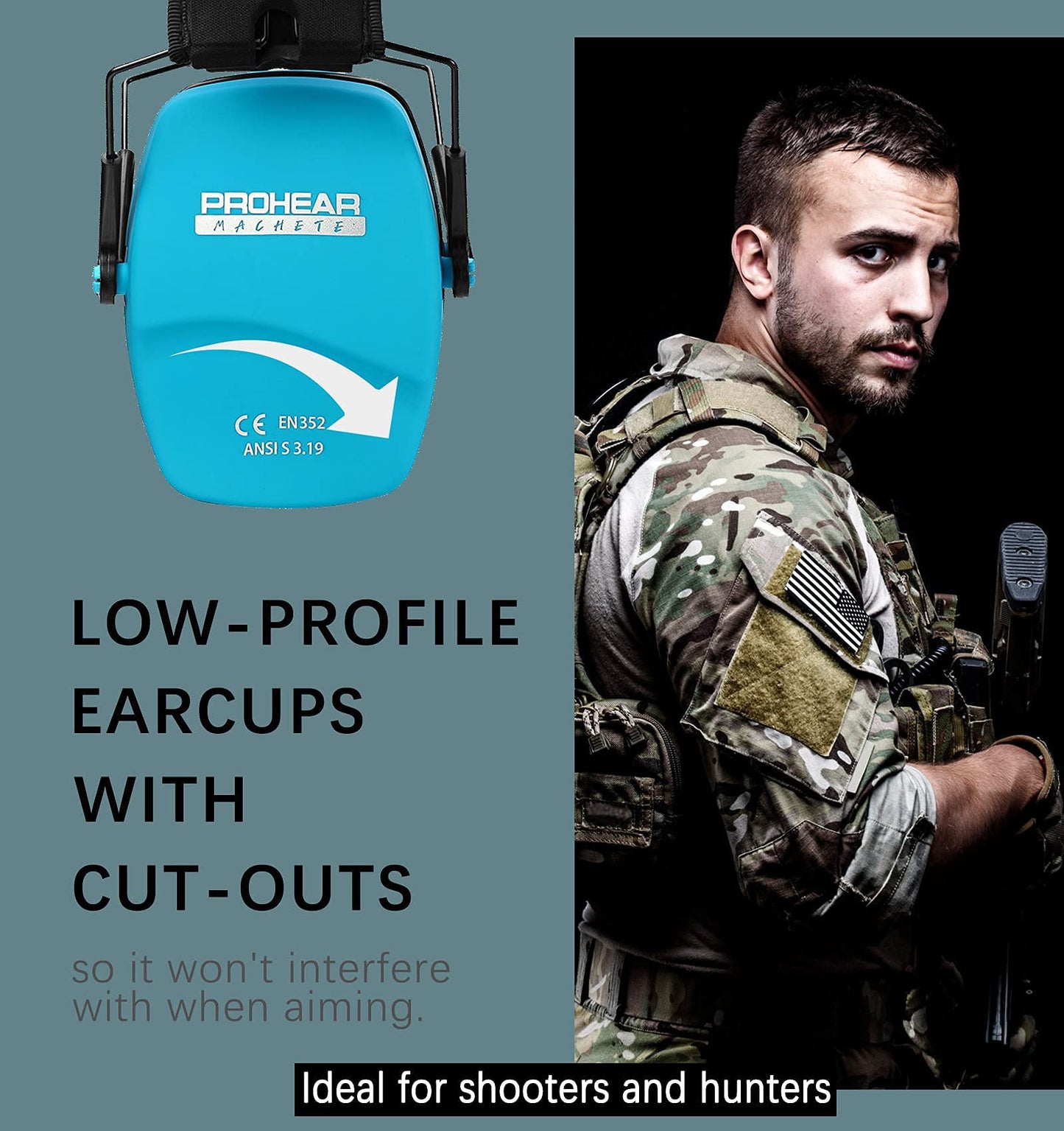 PROHEAR 016 Ear Protection Safety Earmuffs for Shooting, NRR 26dB Noise Reduction Slim Passive Hearing Protector with Low-Profile Earcups, Compact Foldable Ear Defenders for Gun Range, Hunting (Blue)