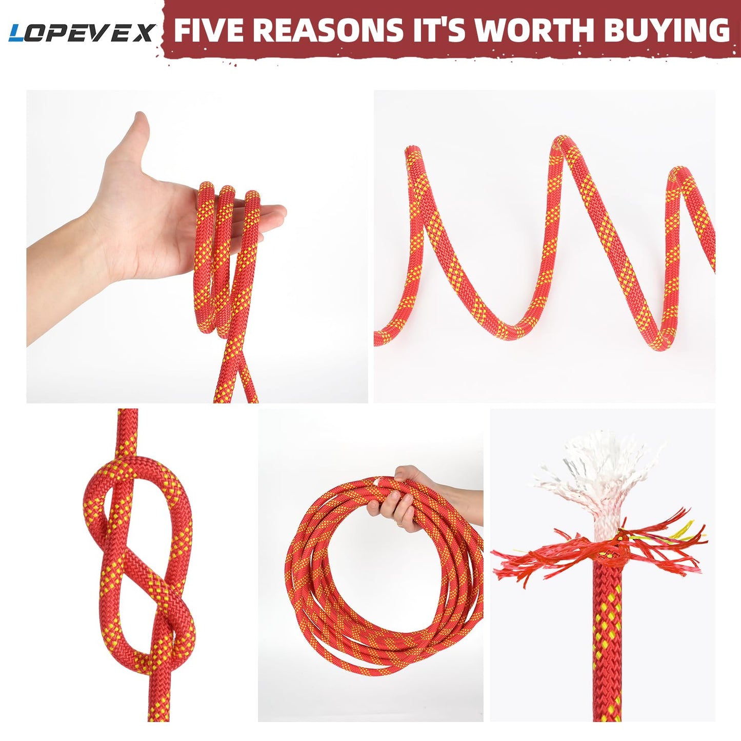 Lopevex 1/2 Inch Static Climbing Rope (150 Ft) - 9000lbs High Strength Arborist Bull Rope for Tree Pulling, Rigging & Rappelling - 48 Strand Polyester Braided Core, Red