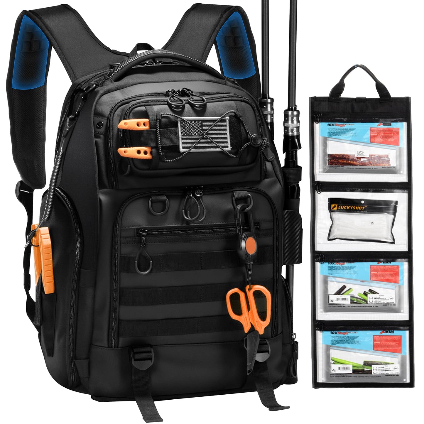 BAIXIXIG 50L Fishing Tackle Backpack with Removable Lure Wraps,2 Rod Holders Storage Fishing Gear and Equipment