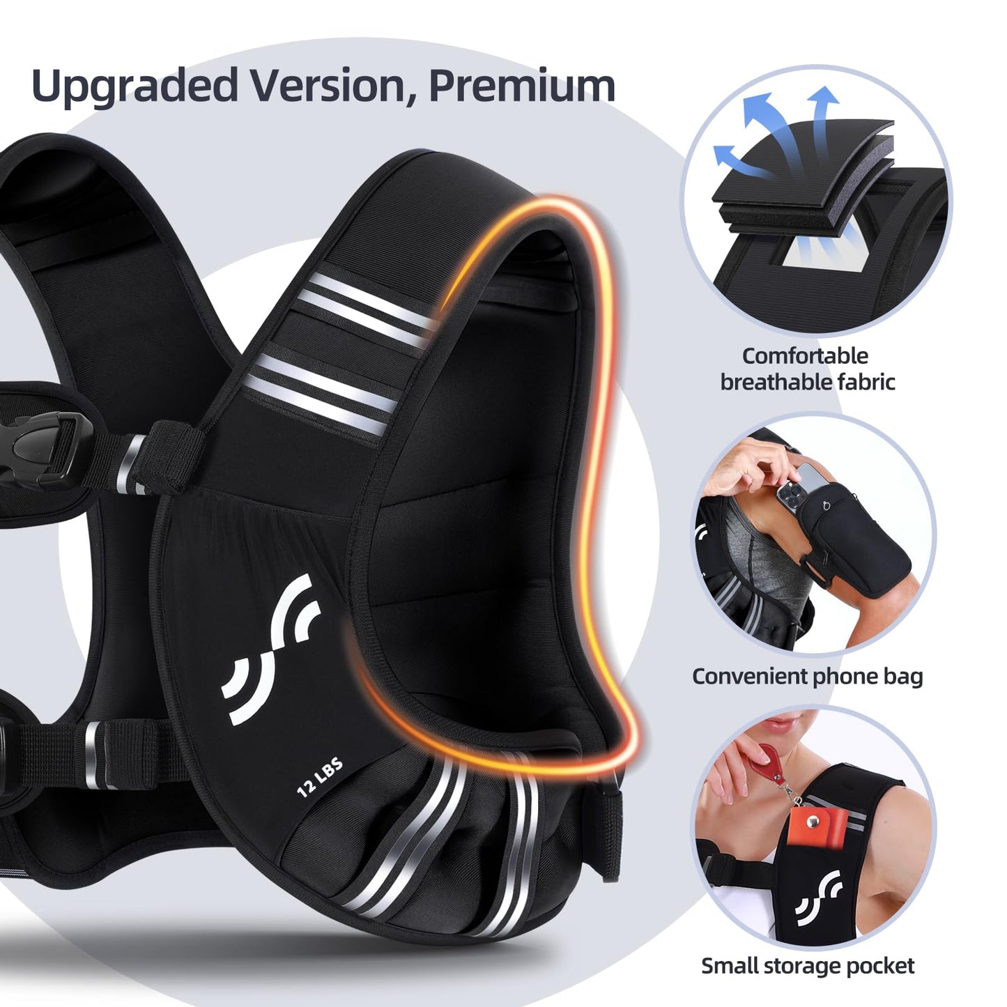 Sportneer Weighted Vest for Women Men: 12lb Comfortable Weight Vest with Storage Pocket Reflective Stripe Rucking Vest for Walking Running Strength Training Fitness Weight Loss Weightlifting Black