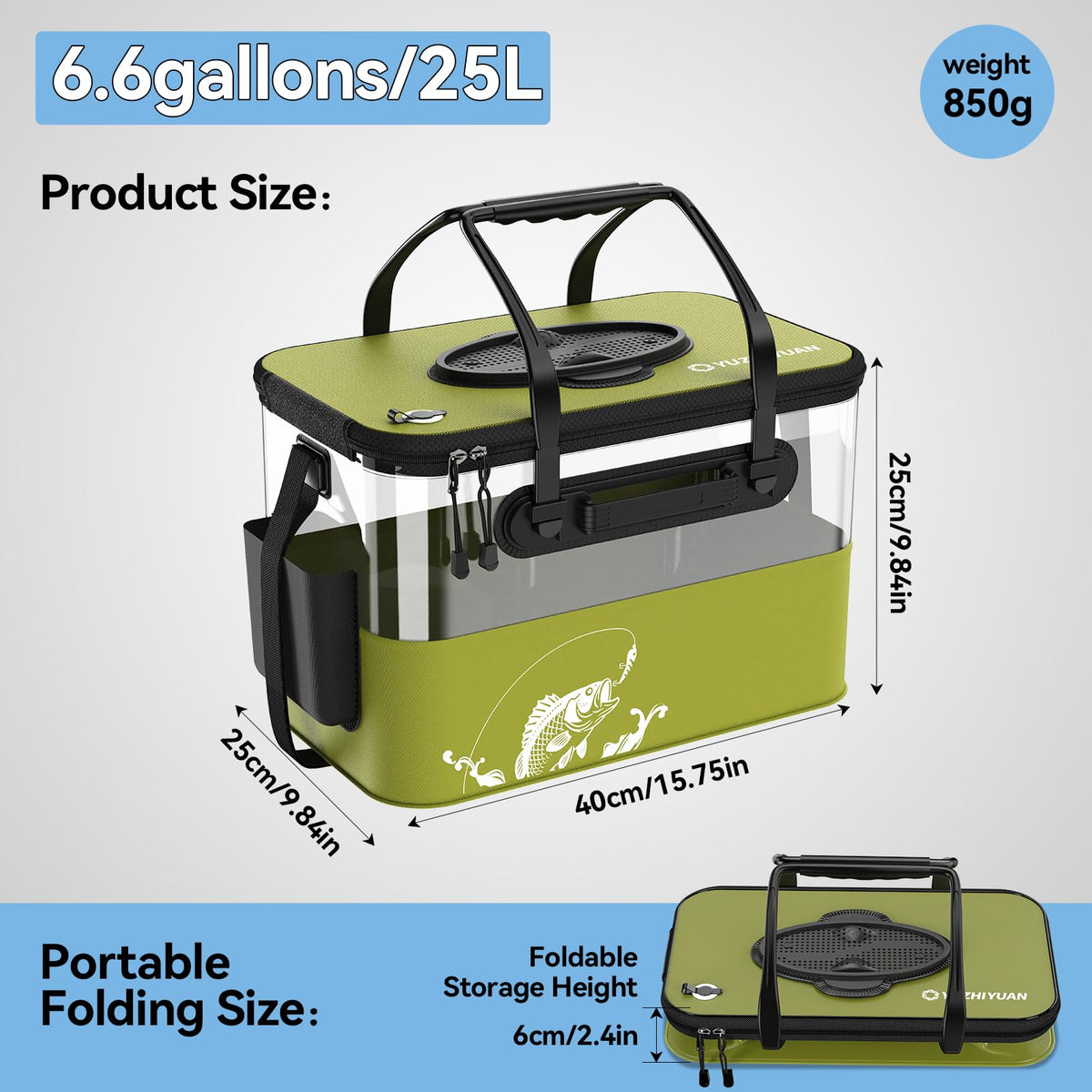 Fishing Bucket Foldable， 6Gallon/8Gallon/10Gallon,Live Fish Container Multi-Functional Live Fish Bait Bucket,for Fishing, Camping, Moving (Green, 6 gallons)