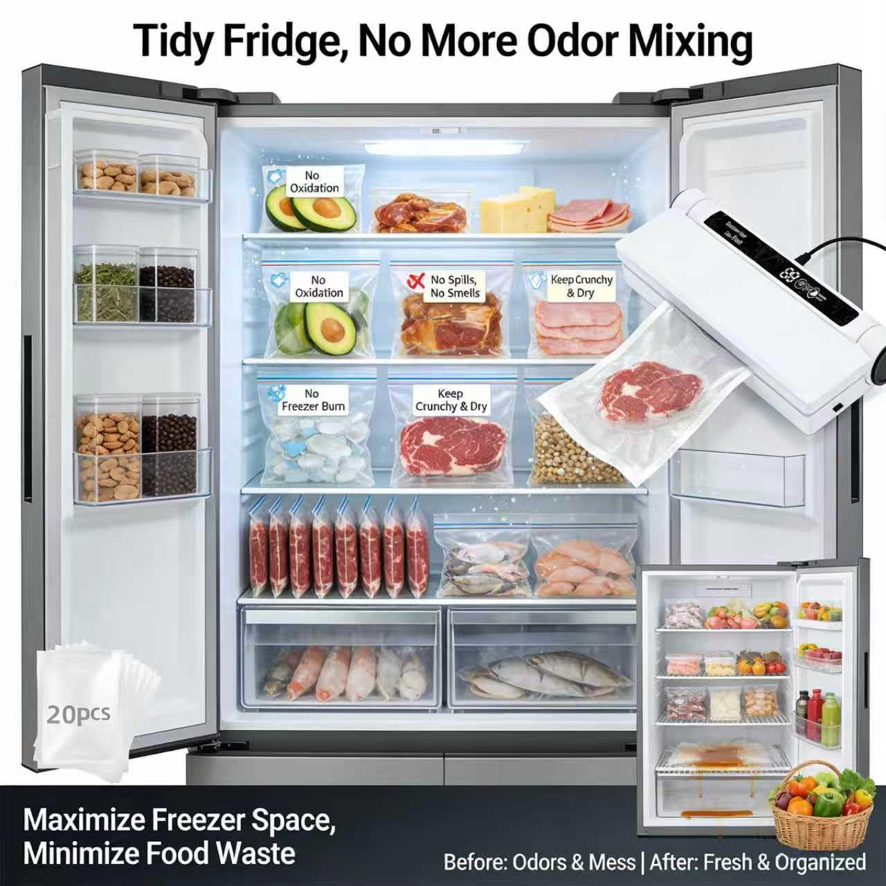 Food Vacuum Sealer Machine, 75KPA Strong Suction, Dry/Wet Modes, 20 Bags Included, Digital Countdown Timer, LED Indicator, Compact Design for Home Kitchen and Food Storage