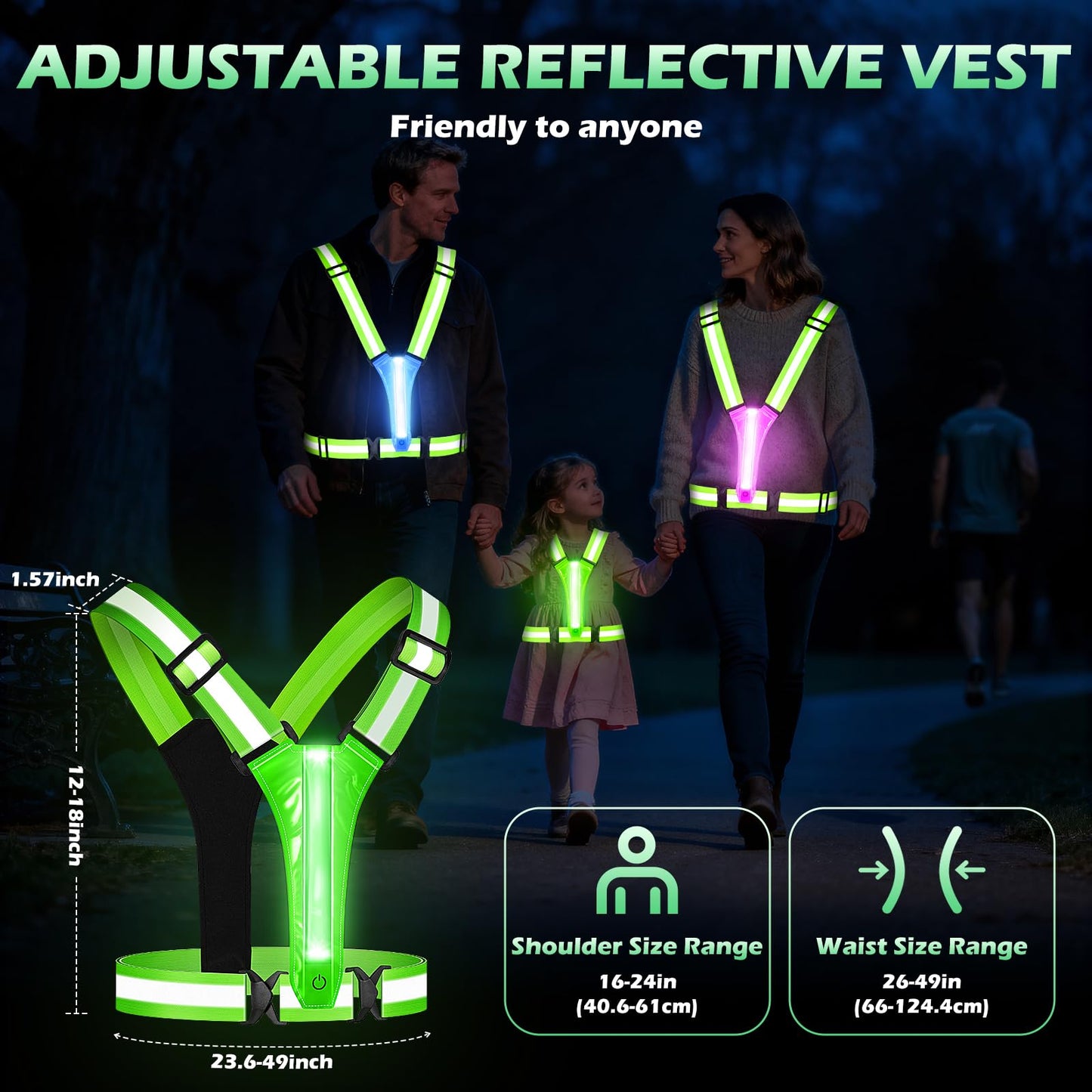Cabbqiu LED Reflective Running Vest - Light Up Running Vest with 3 Light Mode & 5 Colors, Reflective Vest & Running Lights for Runners, Rechargeable Night Running Gear - Reflective Belt Safety Vest