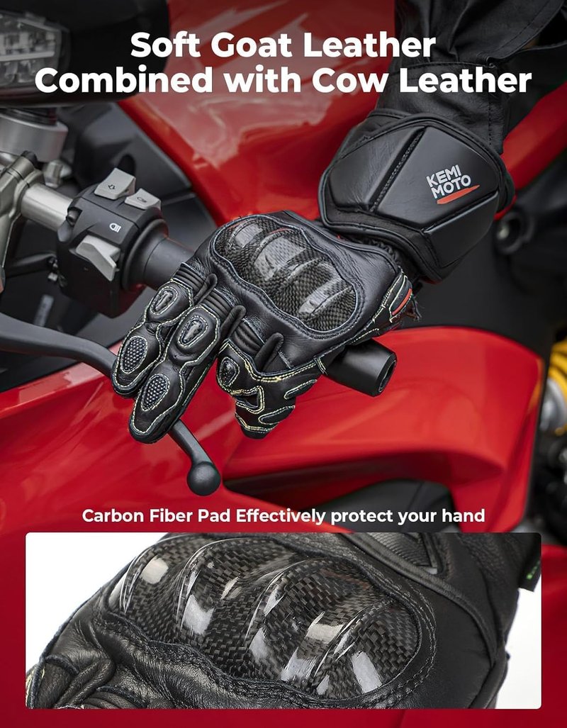 KEMIMOTO Leather Motorcycle Gloves - ESA Cushioning & Kevlar Knuckle Protection | Unisex Riding Gear for Outdoor Sports
