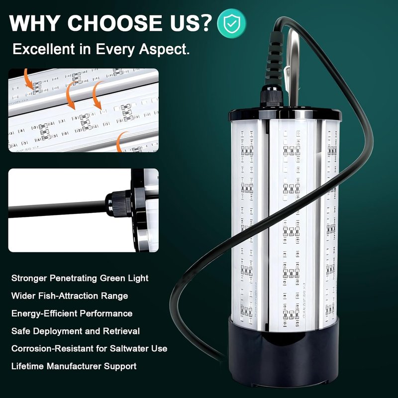 Underwater Fishing Light - 60W 7500LM LED Submersible Night Dock Light | Waterproof for Crappie & Kayak Fishing