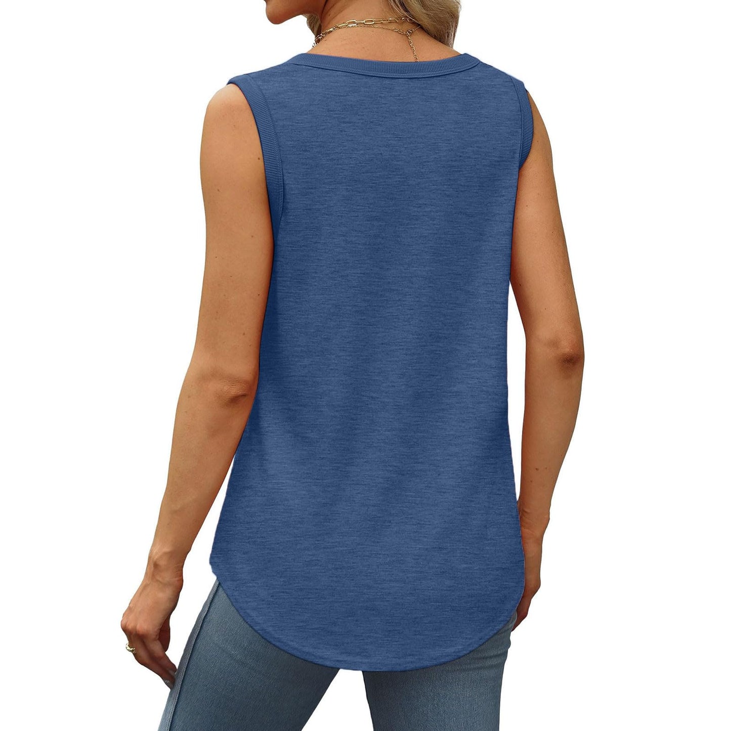 Borniu Womens Tank Tops Summer Loose Sleeveless Tops Scoop Neck Curved Hem Casual Flowy Shirt 2024 Outfits Clothes Blue