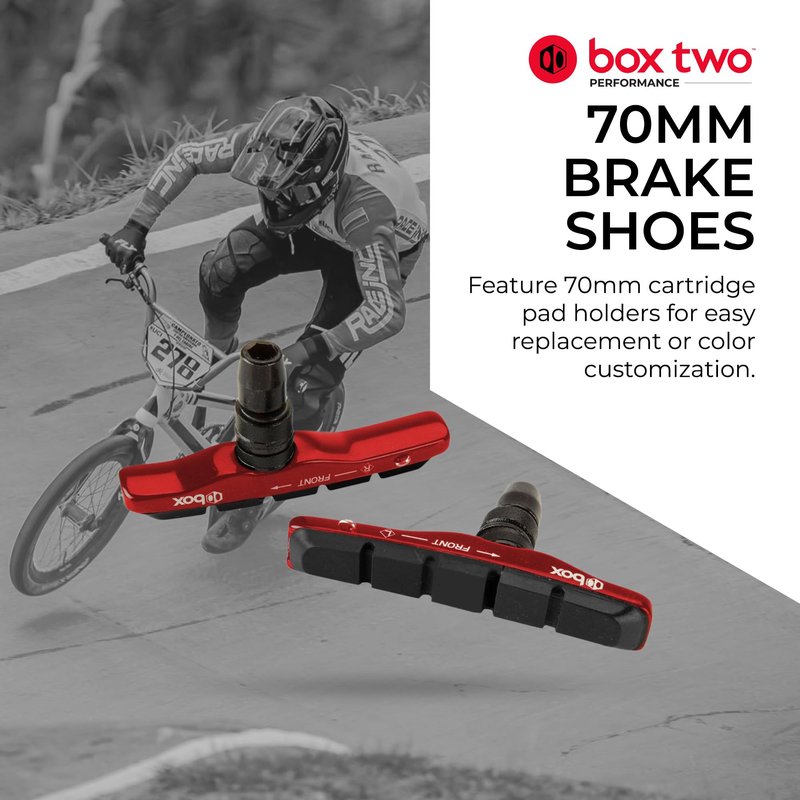 Box Two 70 Millimeters BMX Brake Pads w/CNC-Machined Cartridge Body, Laser-Etched Graphics, Single Compound Rubber Pad & Pivoting Posts | Red