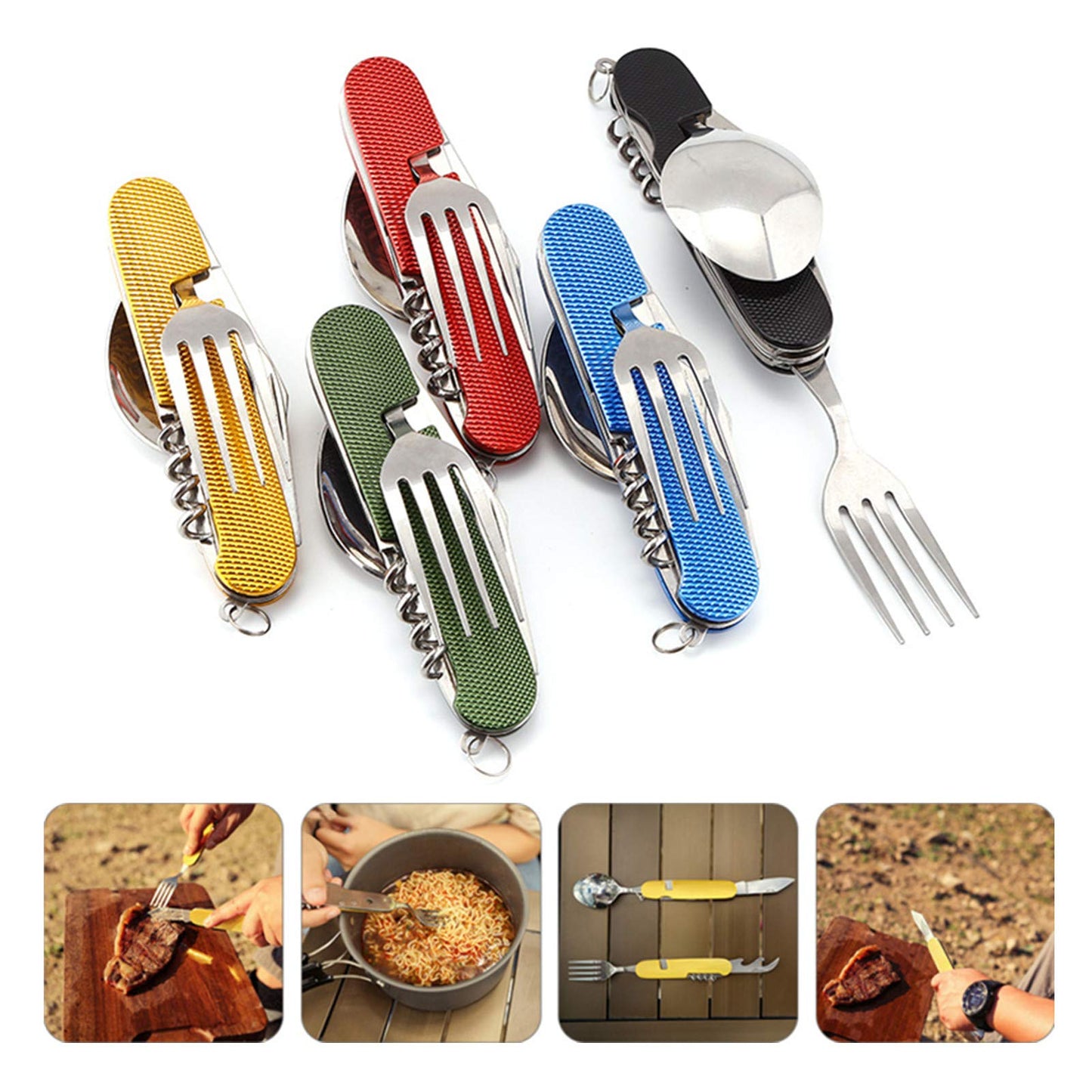 6-in-1 Multi-Function Camping Utensil Flatware Set Detachable Spoon Fork Knife Combo Mess Kit with Carrying Pouch (Blue + Red)