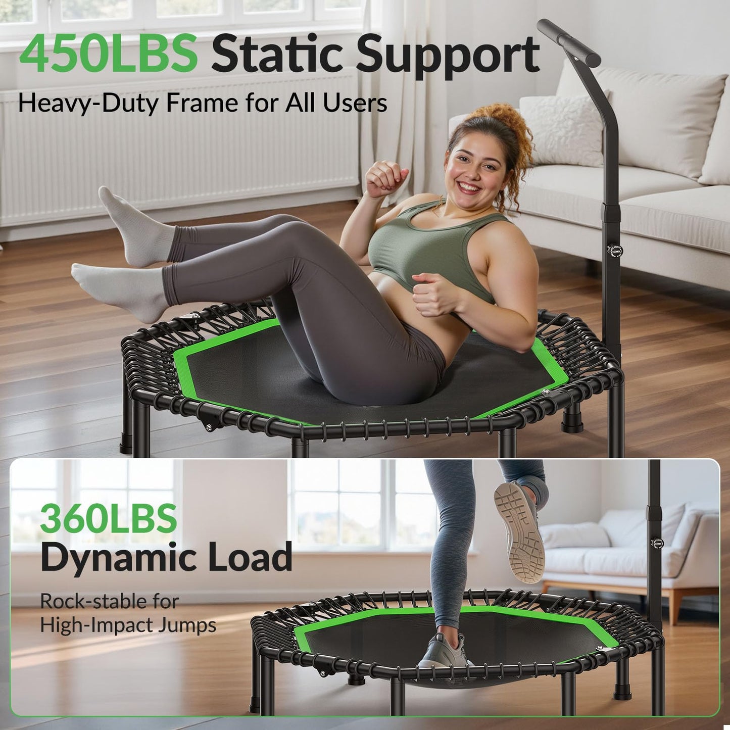 BCAN BT3 51" Octagonal Rebounder Trampoline for Adults, 450LBS Max Load Fitness Trampoline with Large Jumping Area, Silent Bungee Mini Trampoline with T-Adjustable Handle for Home Gym