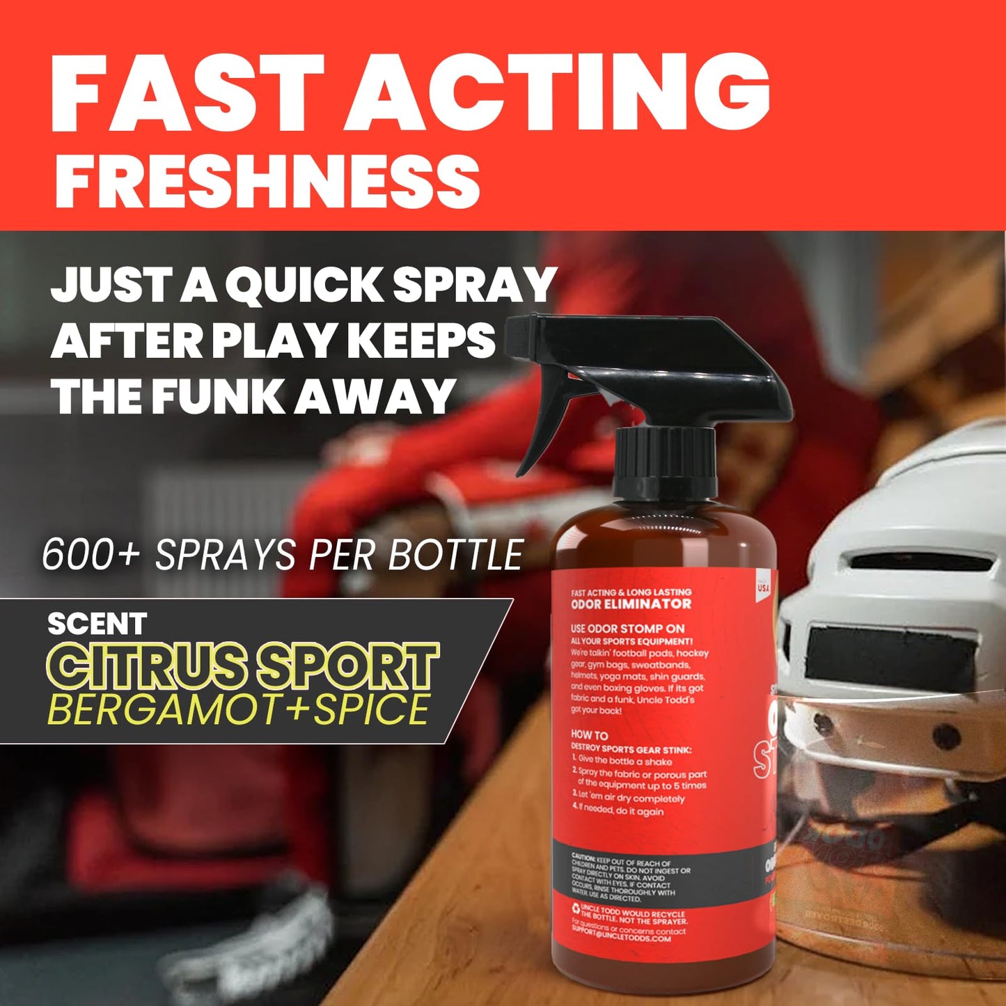 Uncle Todd’s Odor Stomp Sports Equipment Odor Eliminator Spray - Extra Strength Enzyme-Powered Deodorizer for Football, Hockey, Gym Bags, and Athletic Gear - Citrus Sport Scent - 16oz